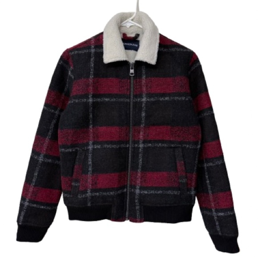 Calvin Klein Plaid Sherpa Jacket Wool Blend Chore Coat Women M Tango Red New - Picture 2 of 11